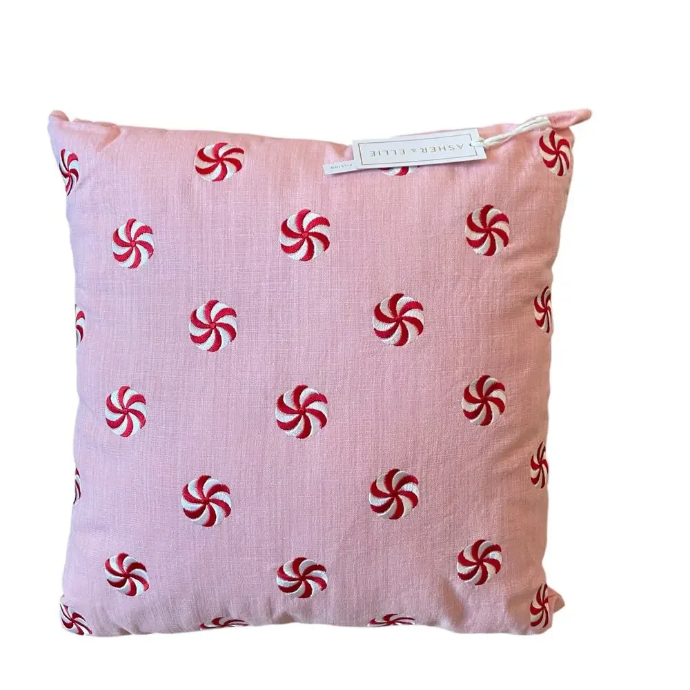 Pinkmas Peppermint Swirl Pillow 20x20 Embroidered Christmas Holiday Decor NEW